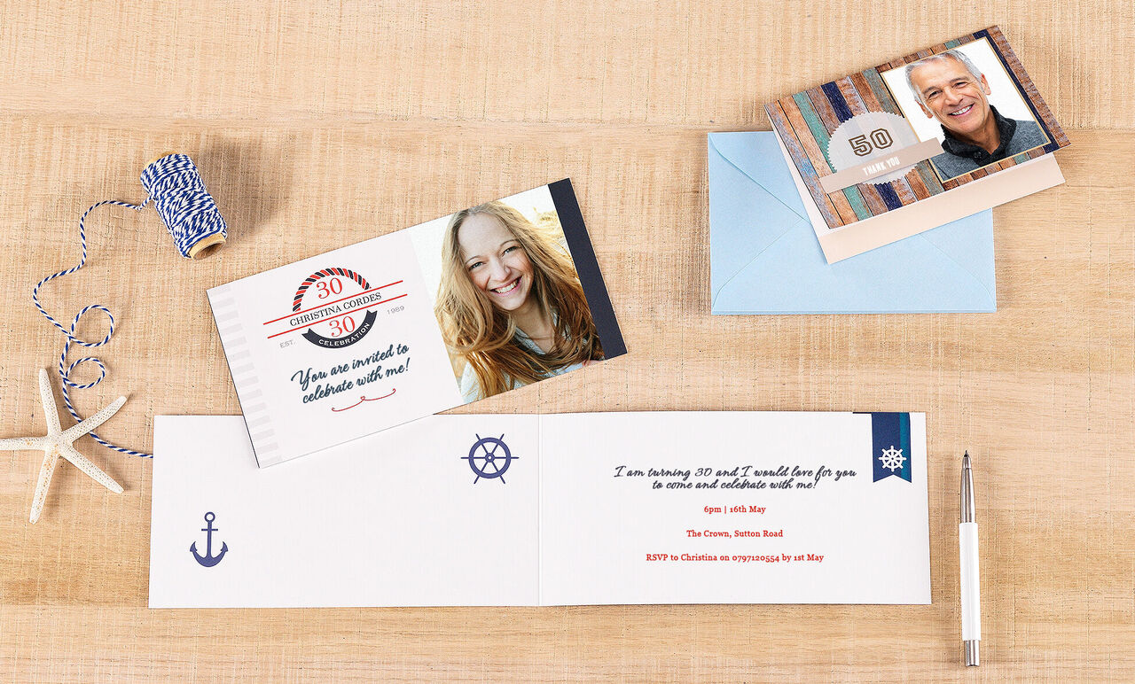Invitation card for a 30th birthday on a wooden table with maritime elements