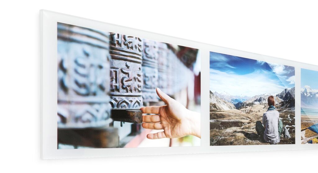 A hand turning a prayer wheel in a temple beside two wonderful landscape photos.