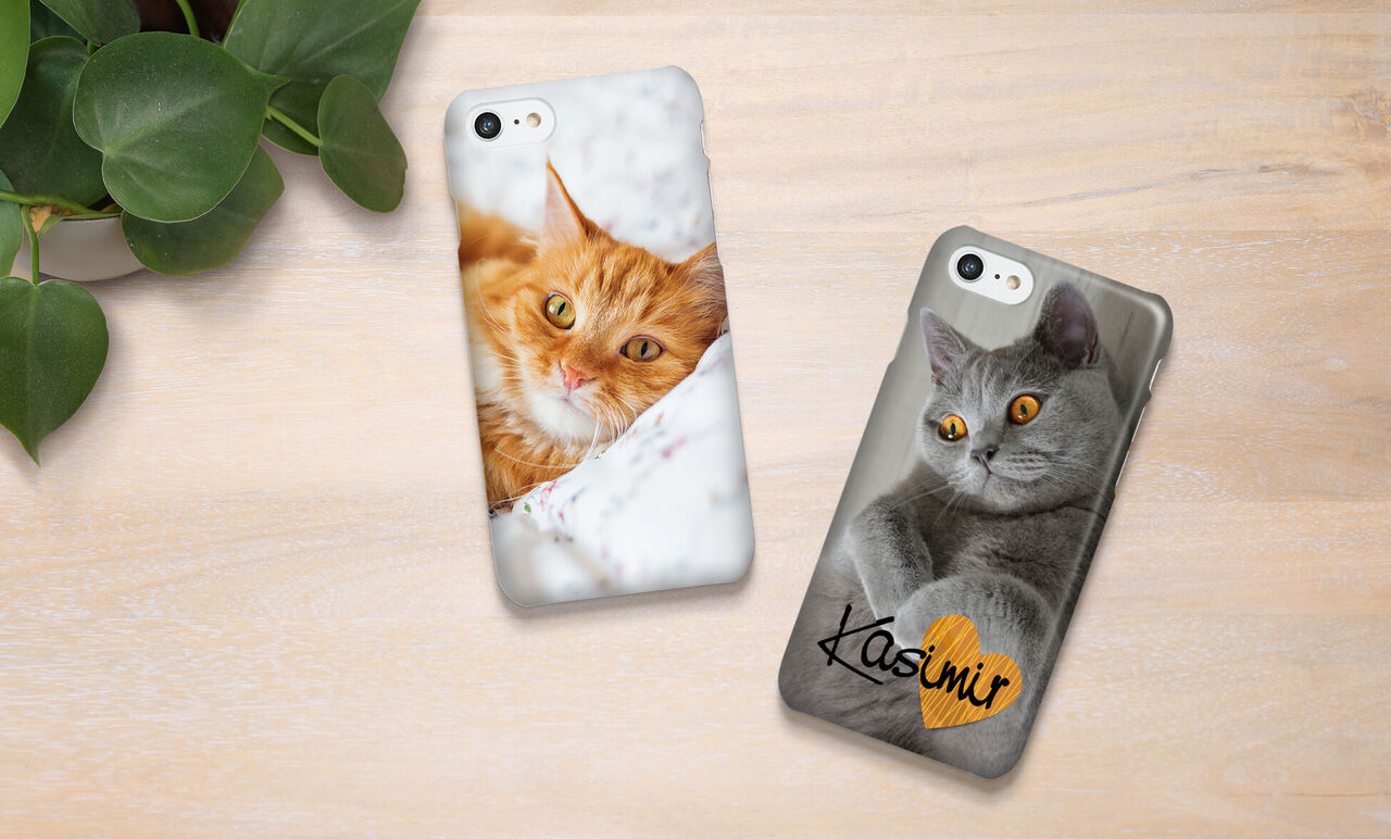 Two phone cases with cat designs, one orange and one gray, on a light background.