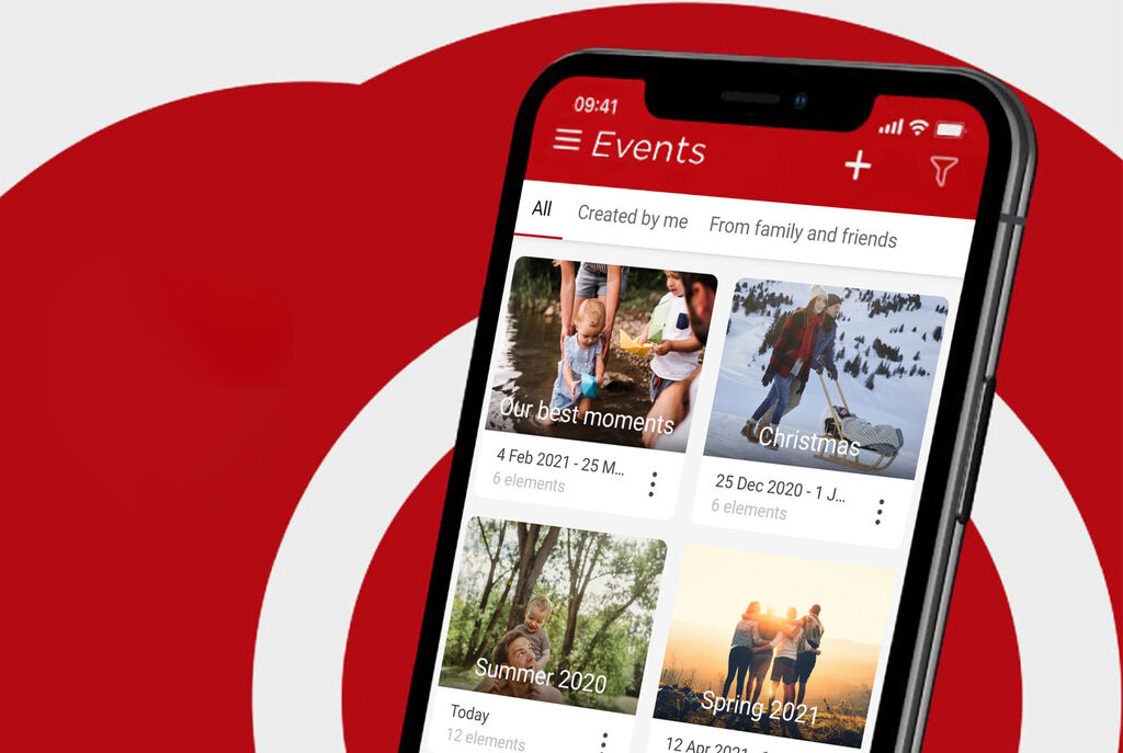 The image shows the interface of an app with photos from various events and memories, along with a red background graphic.