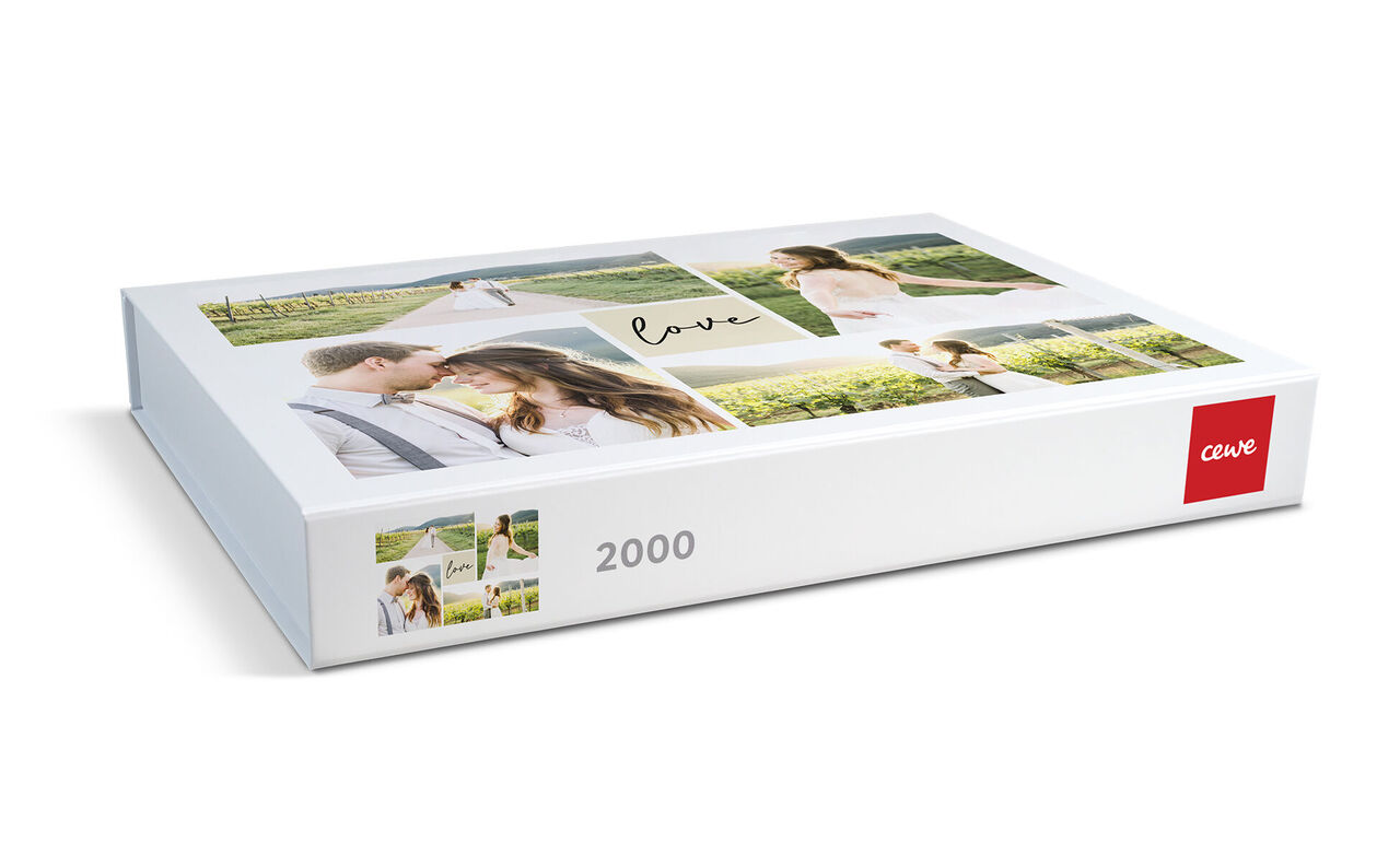 A creative CEWE PHOTO BOOK box with a romantic design and photos of happy couples.