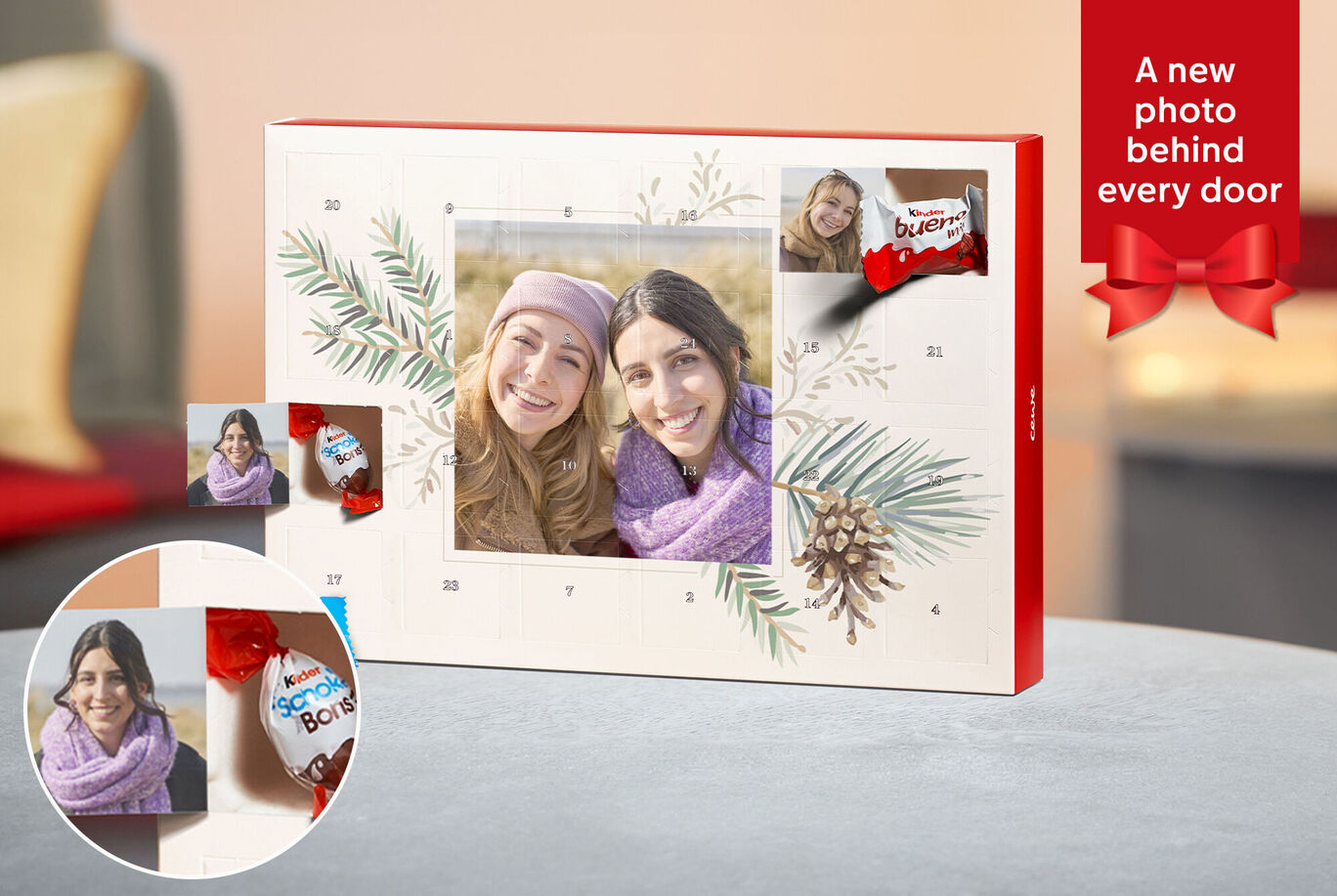 Advent calendar with callouts to surprises behind the doors, creating beautiful memories for loved ones.