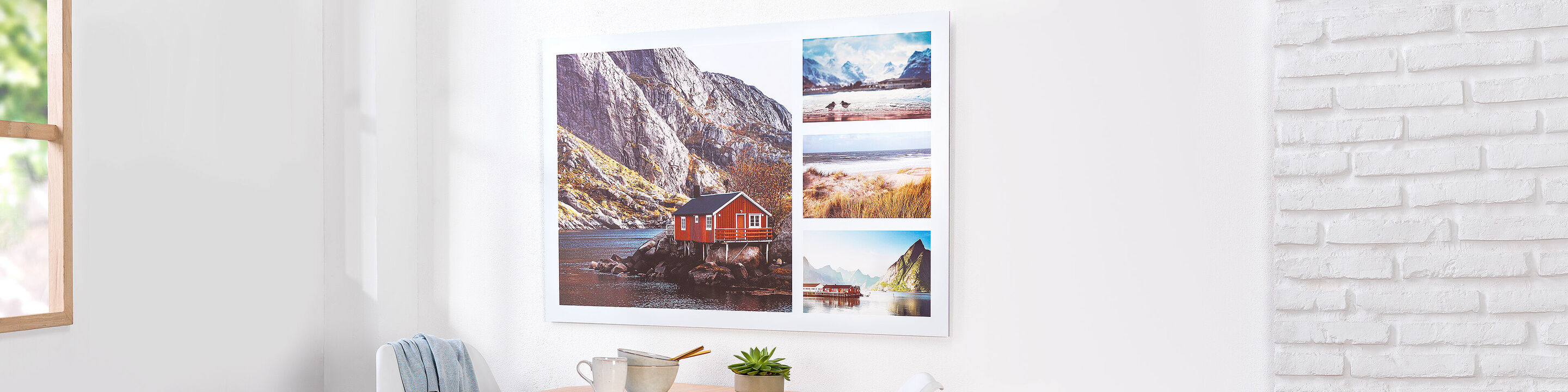 Wall picture with mountain lakes and a red house in nature, surrounded by photo moments.
