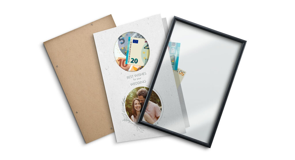 A beautiful greeting card with a banknote for wedding gifts.