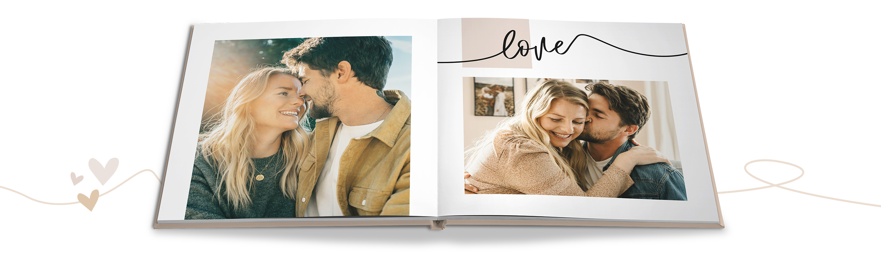 Couple sharing a moment in a photo book titled 'love'.