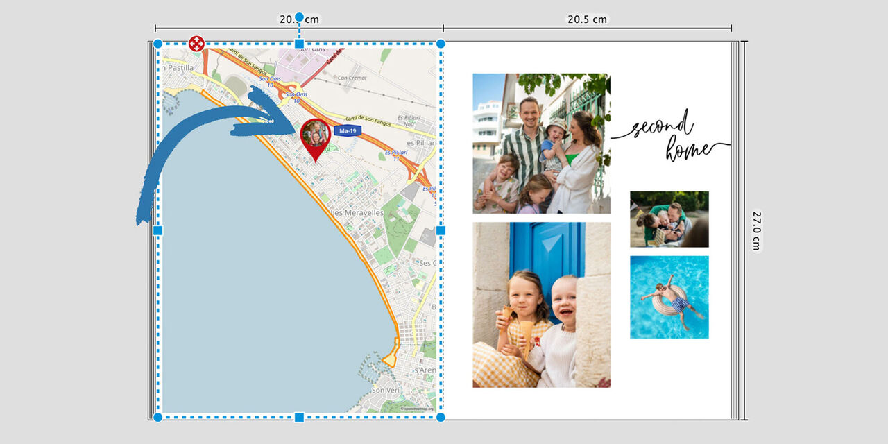 Map with marked location and family moment photos.