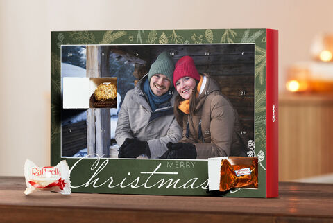 Advent calendar with two people outdoors.