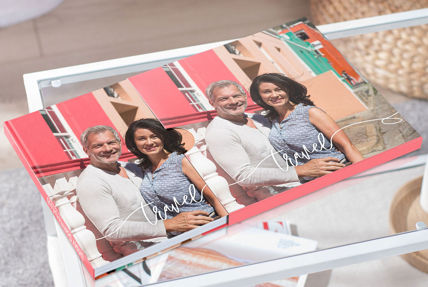 A beautifully designed CEWE photo book about travel with a creative cover page and colorful backgrounds.