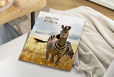 Zebras in nature, the CEWE photo book "South Africa" lies on a sofa.