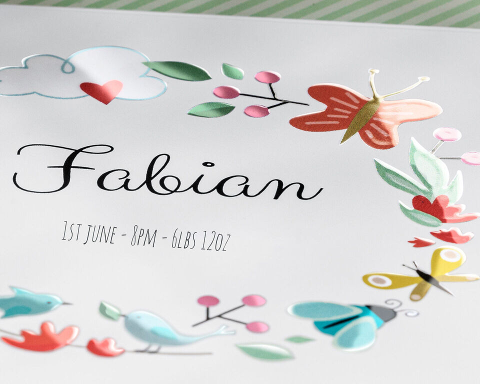 Customizable birth announcement for Fabian with colorful nature elements and a heart motif.