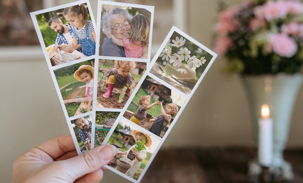 Three CEWE greeting cards with family photos and floral designs