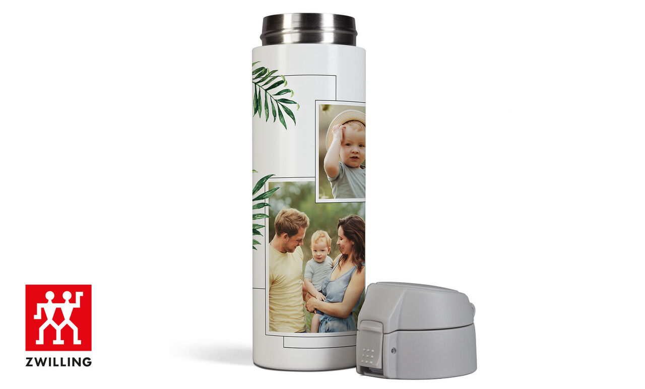 Personalized ZWILLING thermos bottle with family photos.