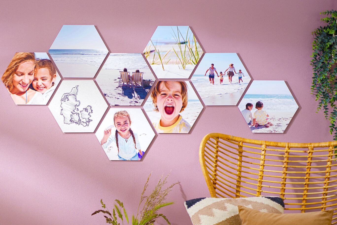 Colorful hexagonal photos on a wall showing joyful holiday moments