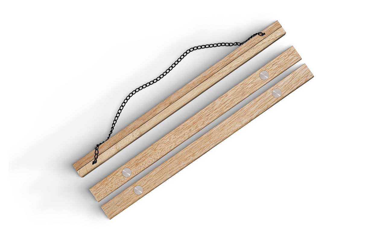 Two beige wooden strips with holder and chain for wall pictures.