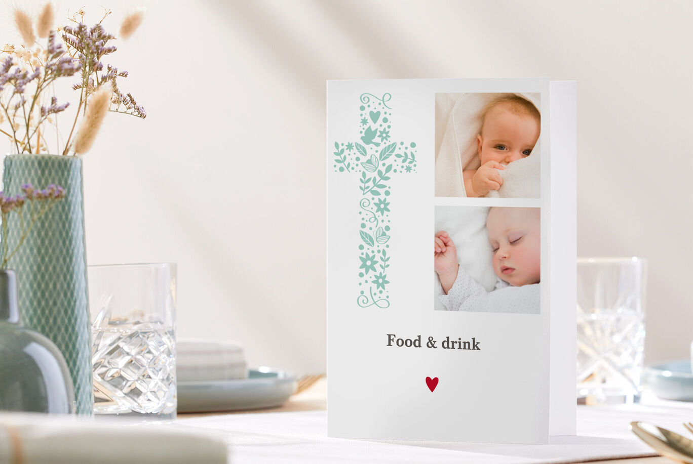A lovingly designed greeting card with a cross motif and room for personal photos. 'Food & drink' is written below.