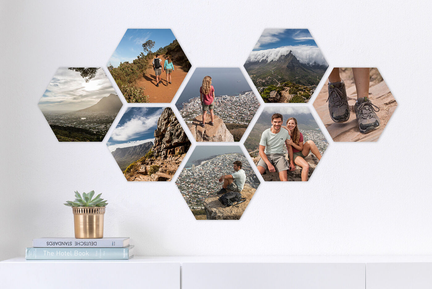 Creative photo collage in honeycomb shape with travel motifs from a holiday.