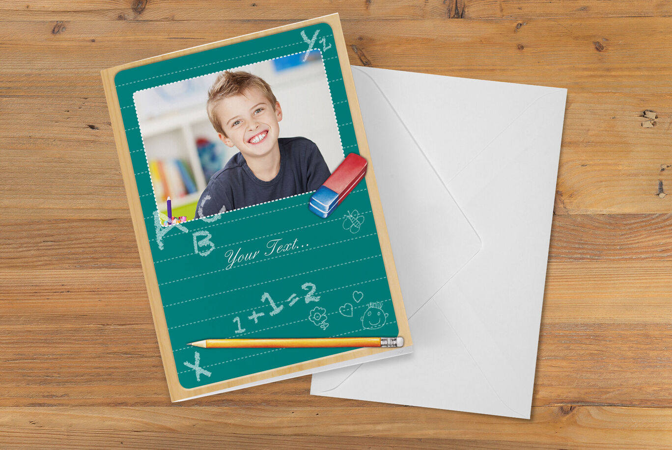 A creative design for a CEWE greeting card with school themes, including a photo and drawings on a pastel green background.