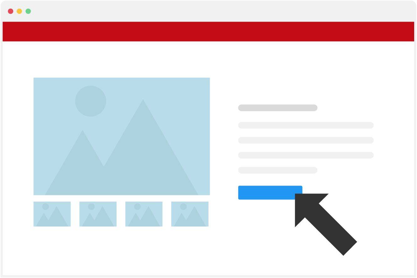 A user clicks on a blue button in a graphic with images at the bottom.