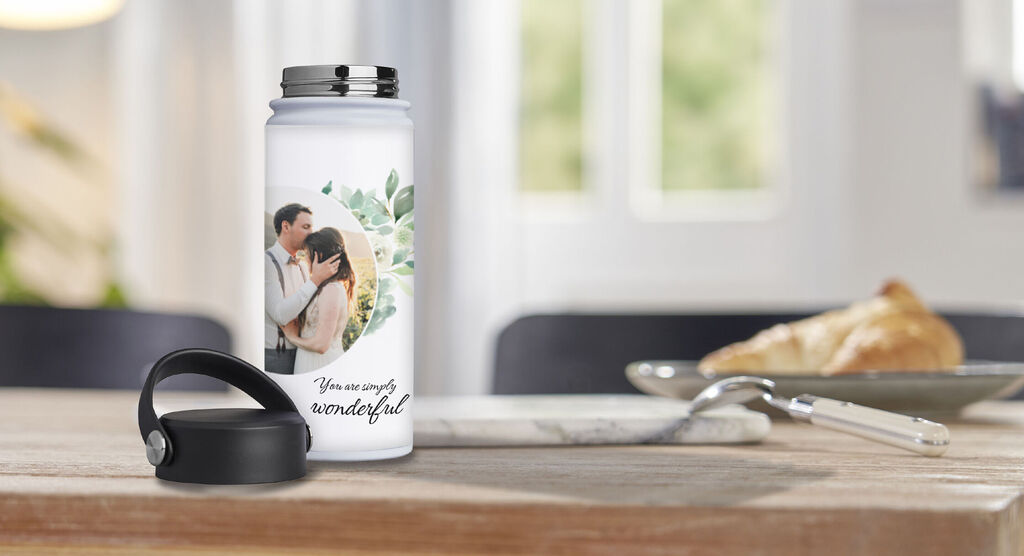 A personalized bottle with a couple's photo and the text "You're simply wonderful".
