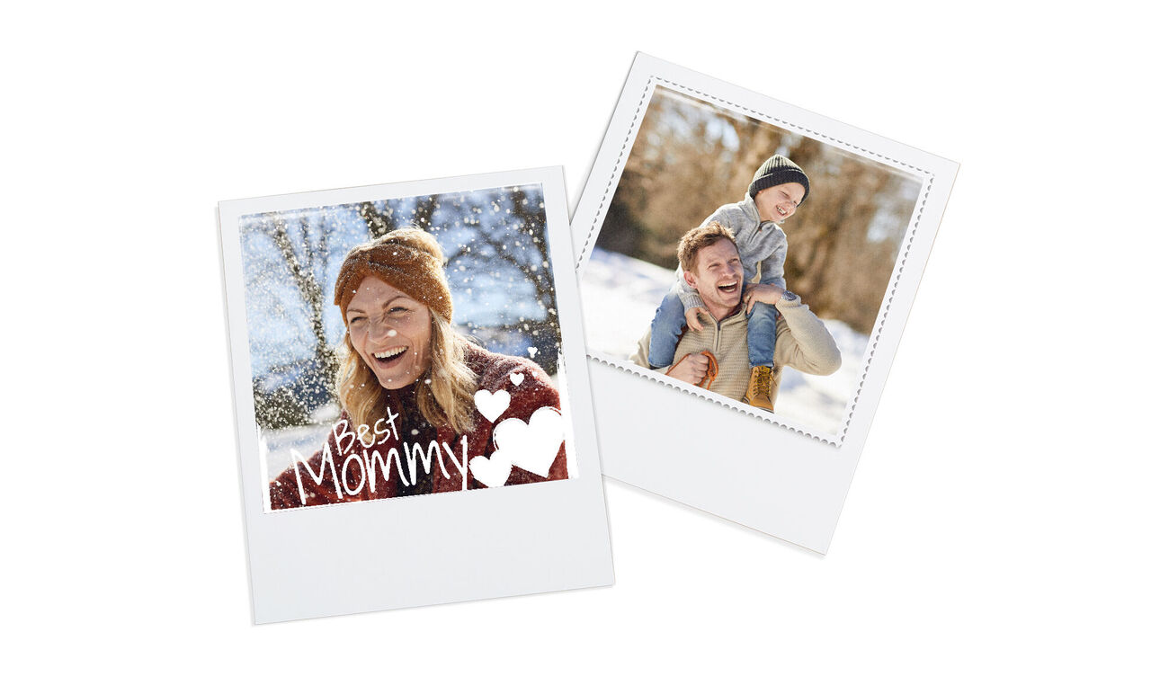 Two snapshots of happy moments outdoors, one shows a loving mother with child.