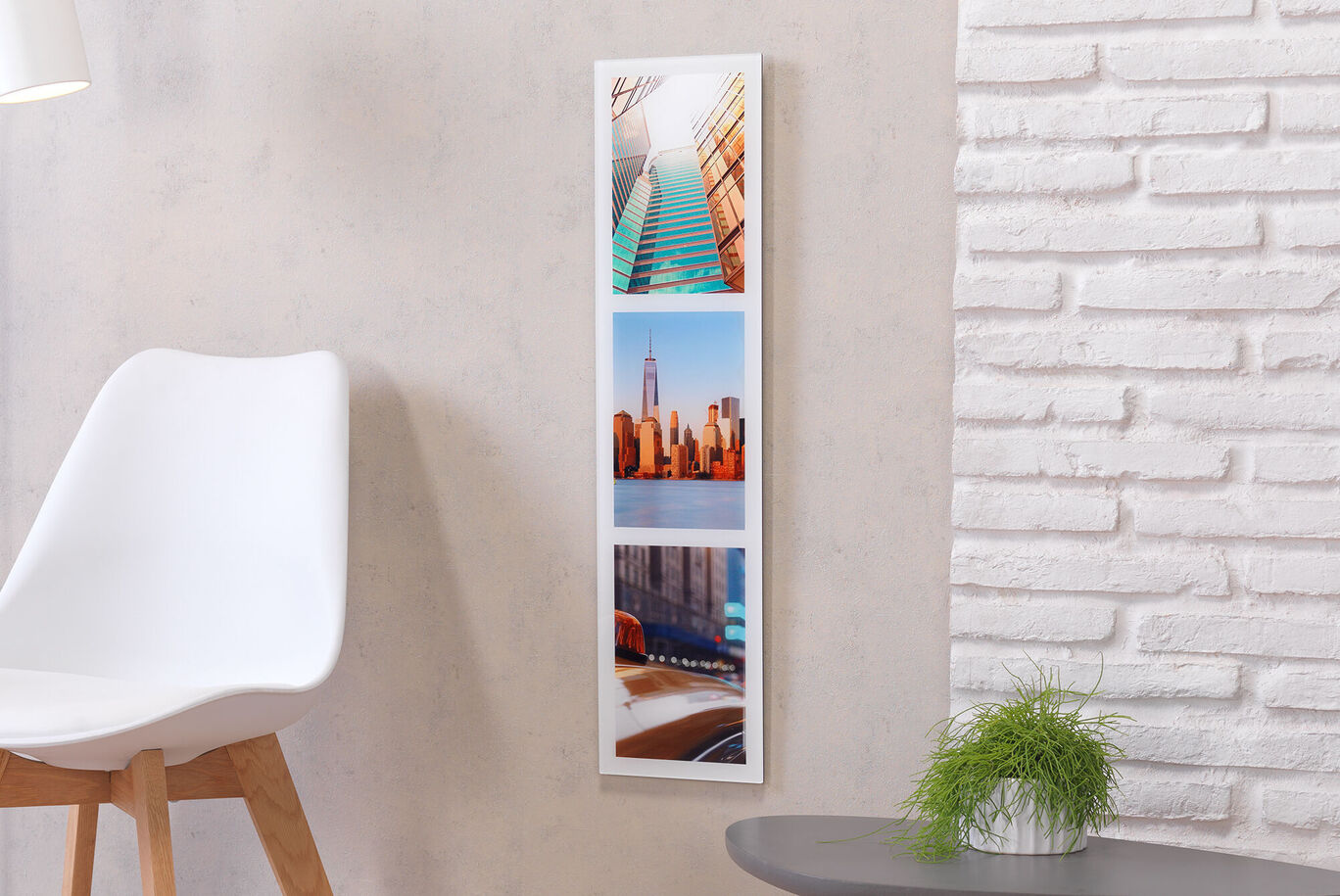 Three photos in a beautiful white frame, showing urban scenes with different colorful moments.