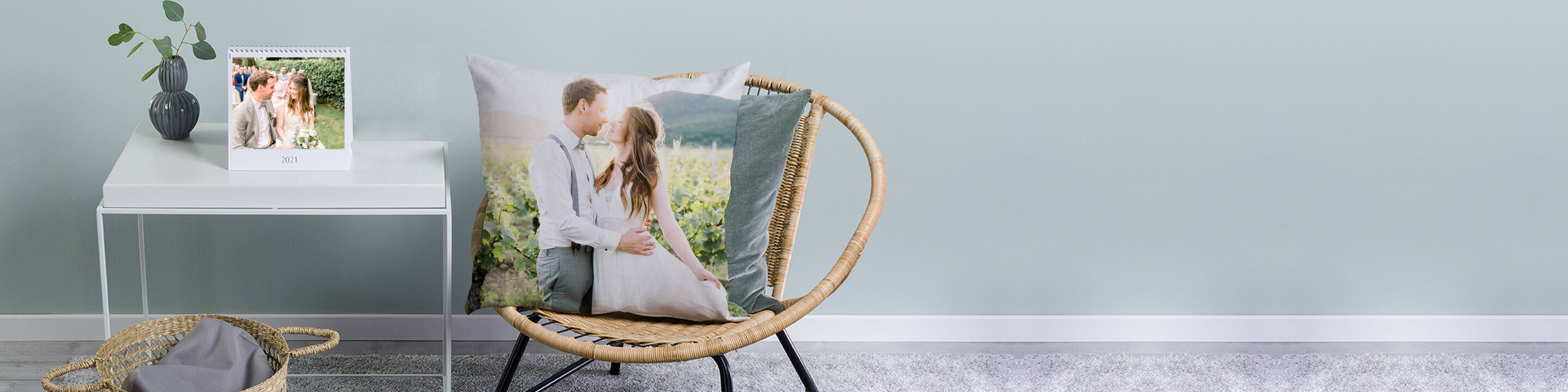 Cushion with a photo of a couple outdoors on a bright chair.