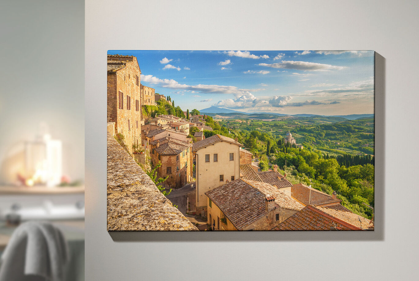 A picturesque village in Tuscany with traditional stone houses and green hills in the background