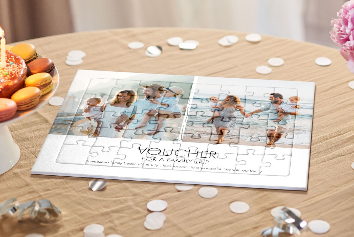 Puzzle with a voucher for a family outing, pictures of happy moments at the beach