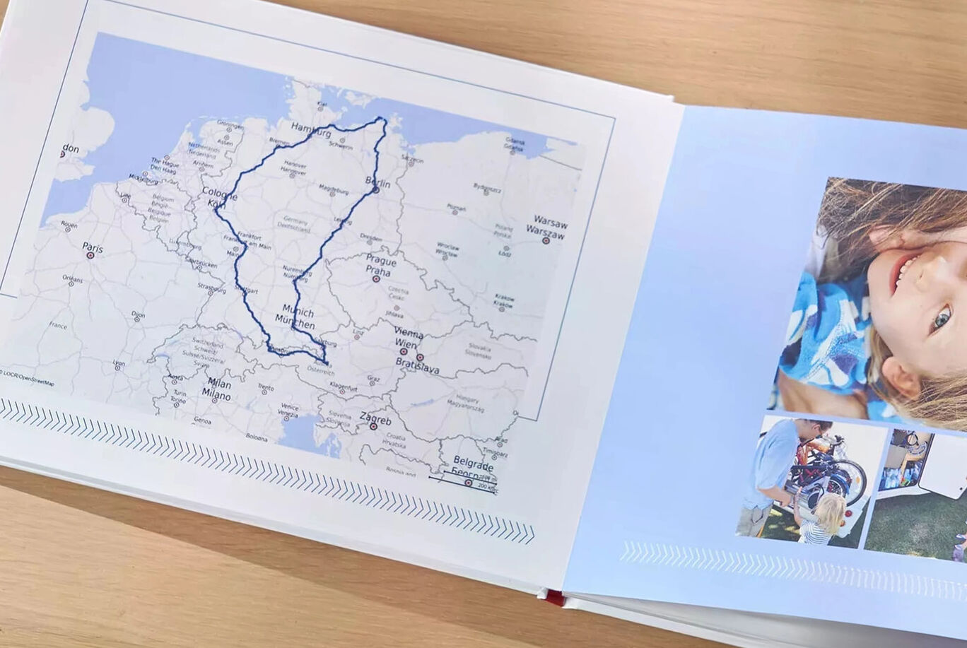 A card shows the route through Germany, map of Germany with blue line drawing.