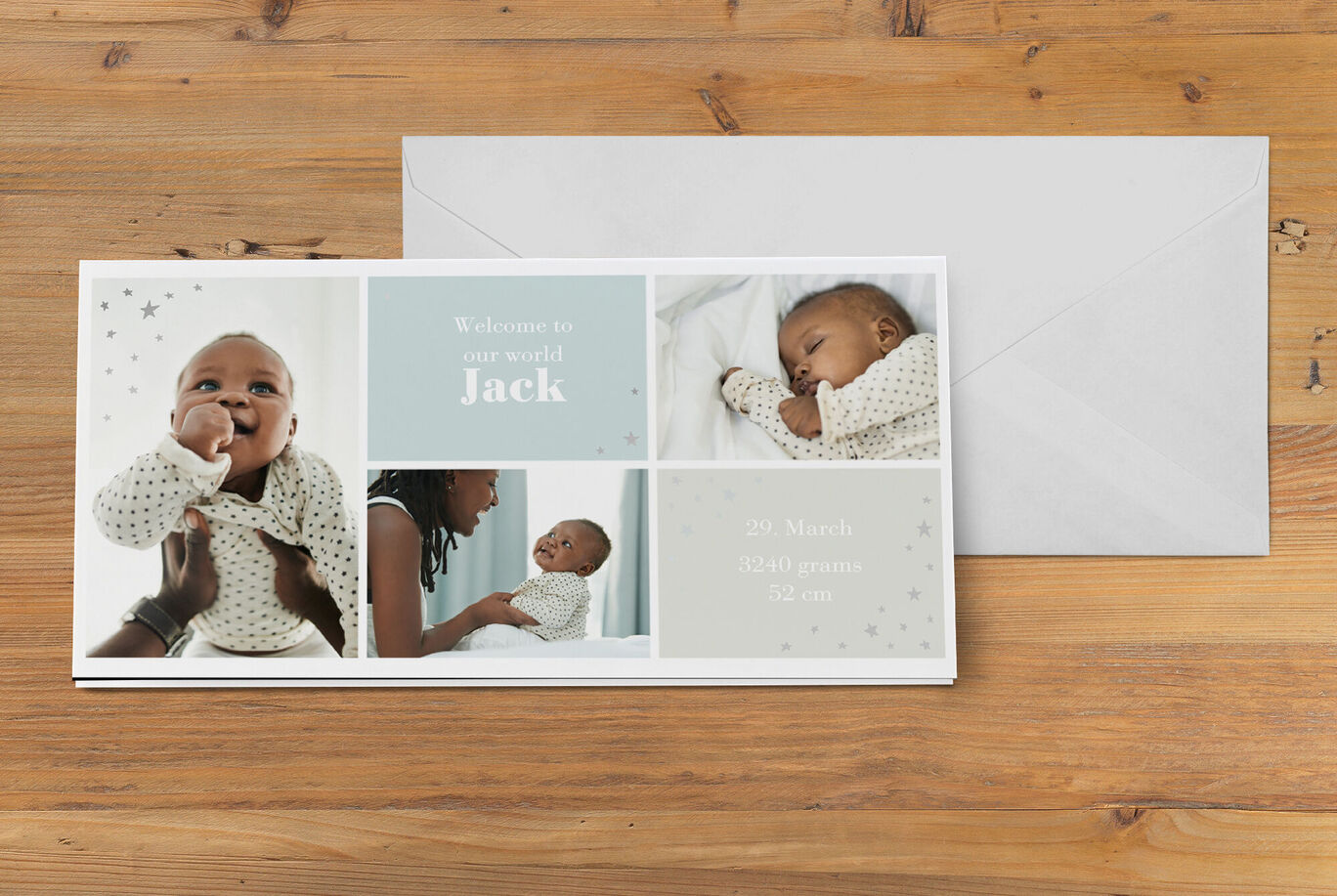 A heartfelt welcome card for a baby named Jack featuring loving images and soft colors