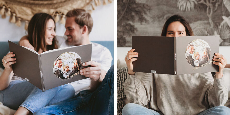 A family looks at a CEWE PHOTO BOOK with pictures in their free time.