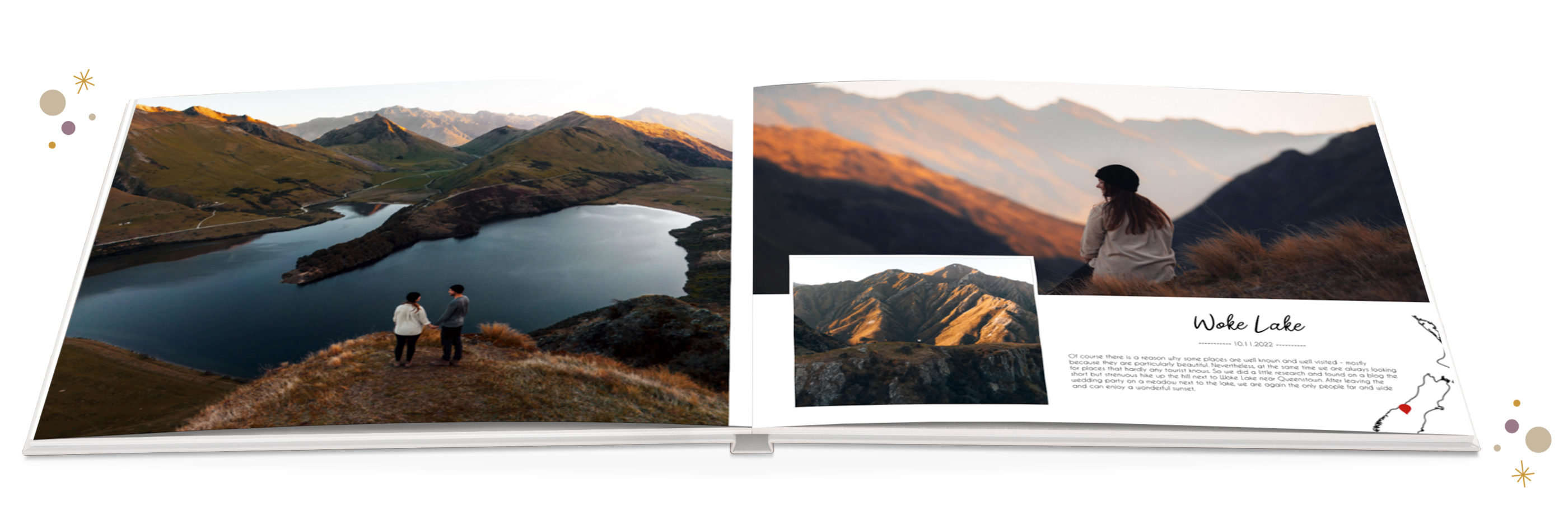 A couple stands on a mountain overlooking the lake and mountains at sunset. Beautiful memories in the CEWE PHOTO BOOK.