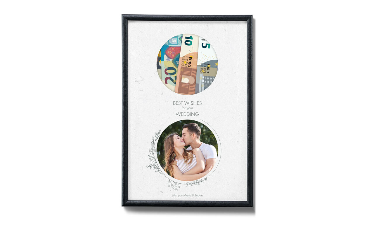 A stylish wedding gift with money and a romantic couple photo