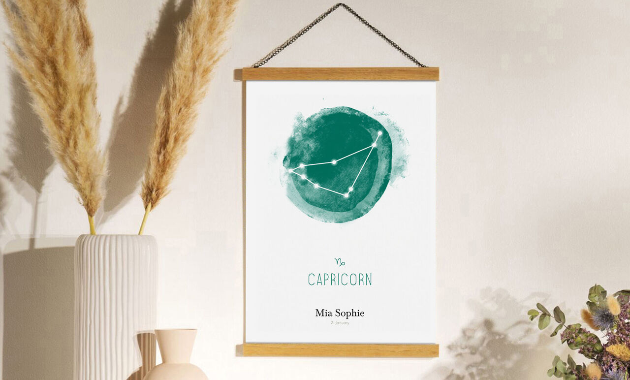 Wall art featuring zodiac sign Capricorn in gentle green hues.