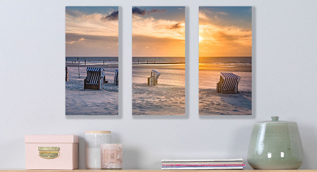 Three pictures of a beach landscape during sunset with sun loungers in the sand.