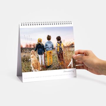 Three children and a dog outdoors watching a sunset over the field. The calendar shows January.