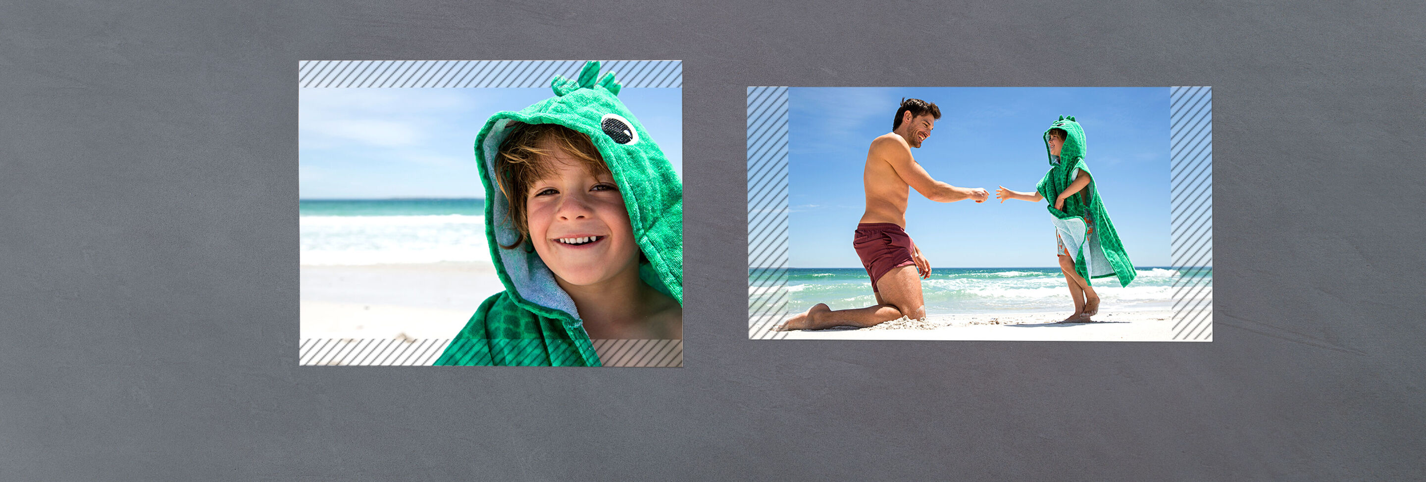 A child in a green hooded cloak with an adult at the beach. The adult offers the child their hand.