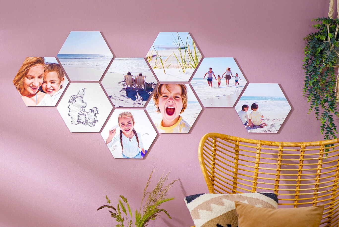 Six colorful photo hexagons on a wall showing vacation moments at the beach