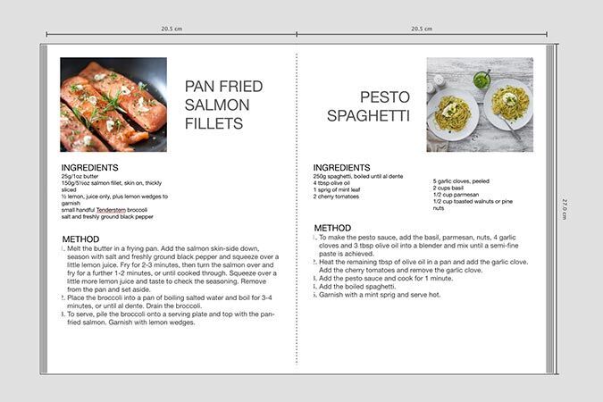 Recipe book page with breaded salmon fillets and pesto spaghetti.