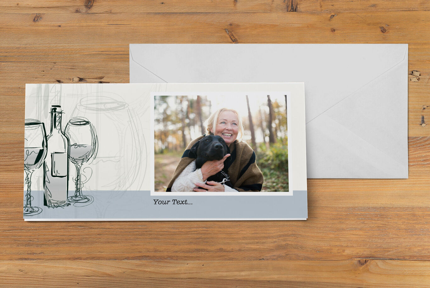 A greeting card with a photo and lovely sketches of wine glasses.