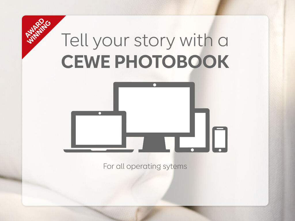 Illustration of various devices displaying a CEWE photo book. A laptop, desktop, and smartphone are shown. Below is "For All Operating Systems".