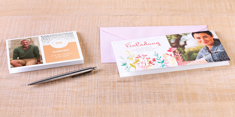 Beautiful invitations in pastel colors with floral designs and personal photos.