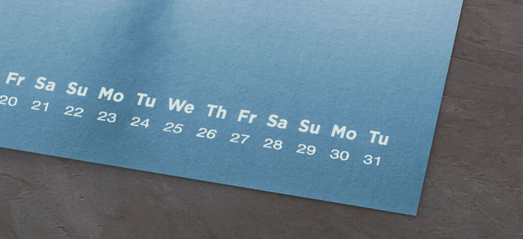 Calendar page with weekdays and date in clear font.
