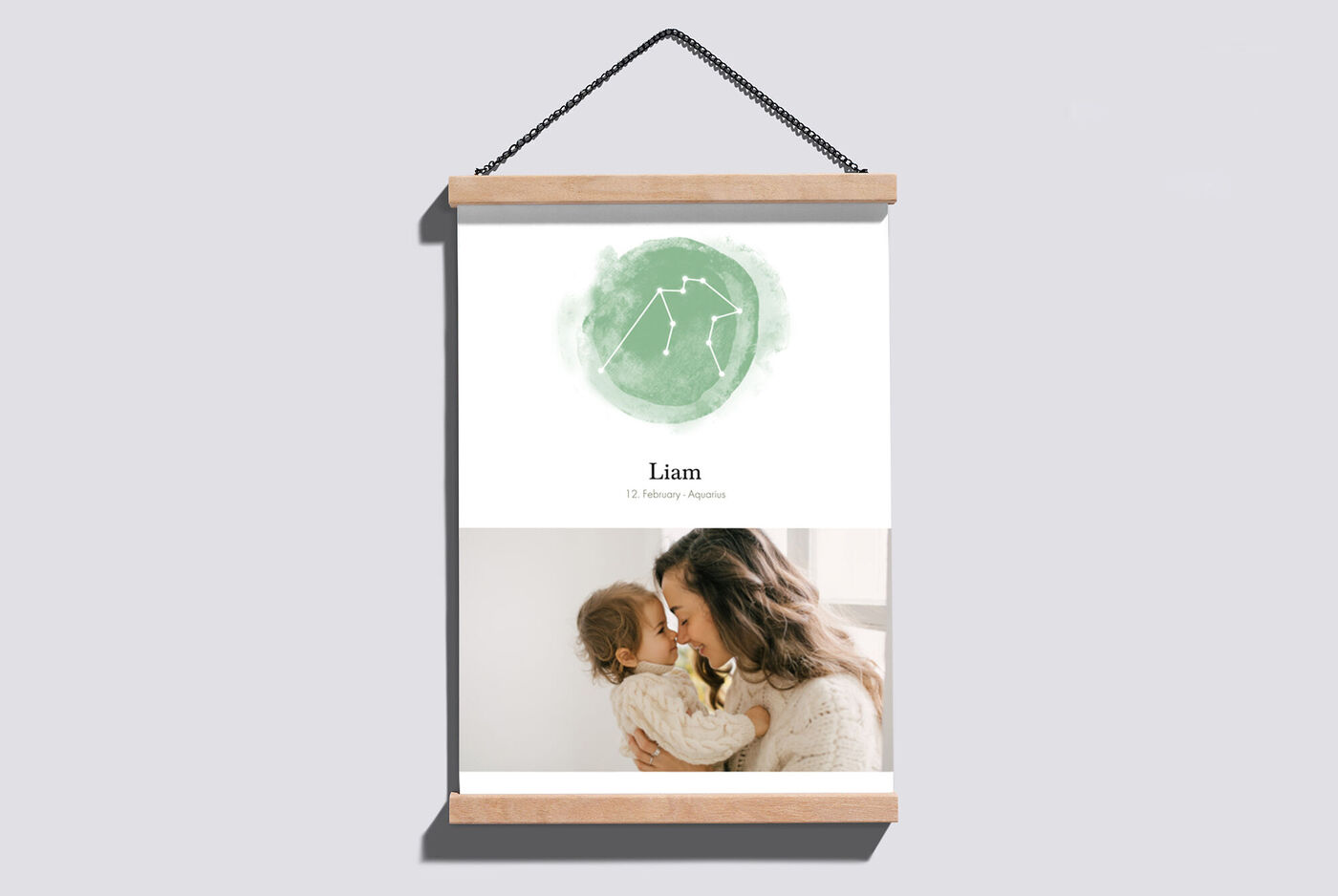A loving wall picture that shows a name and zodiac sign, together with a graphic design in soft colors