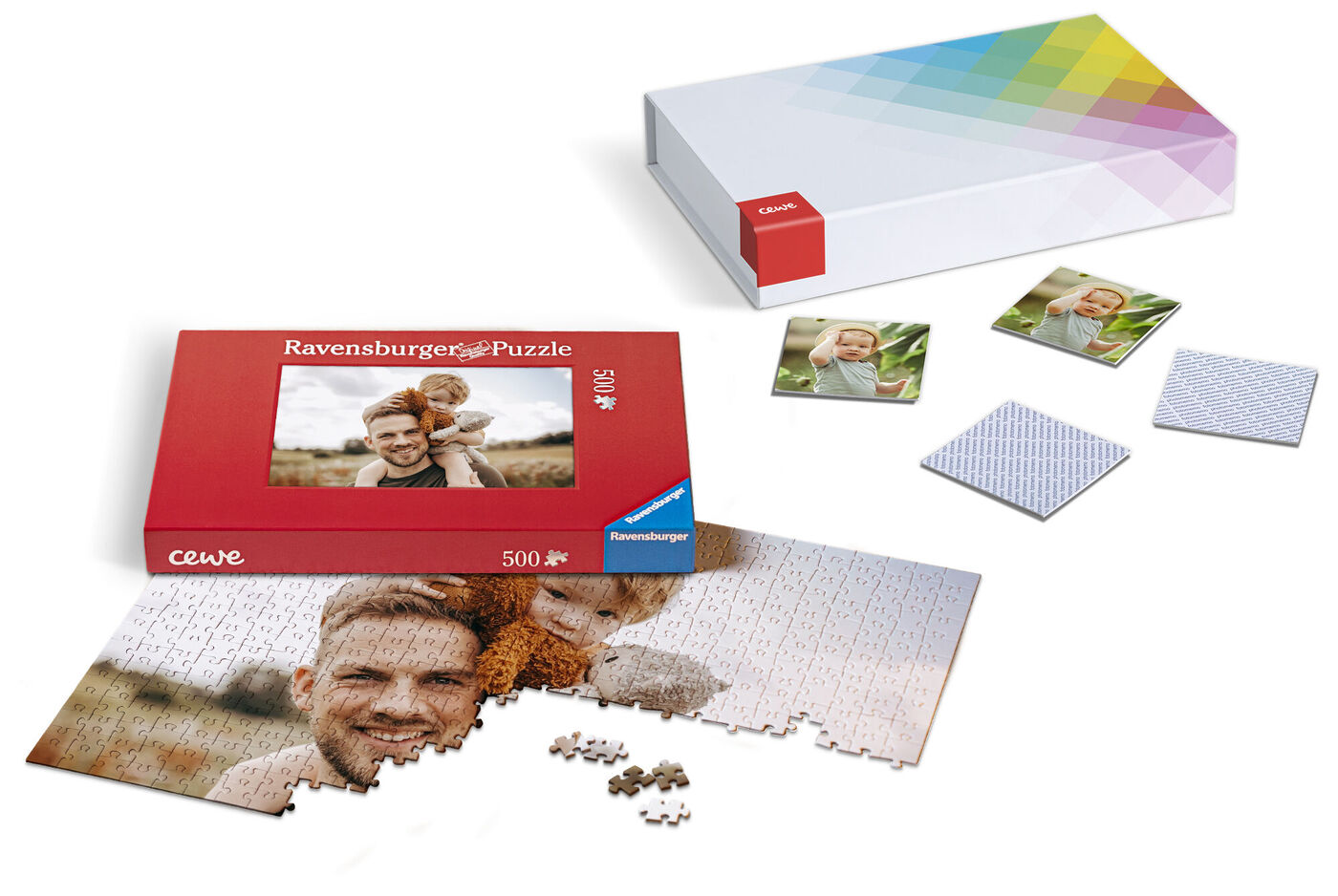 A CEWE puzzle box with a puzzle and individual pieces on a table.
