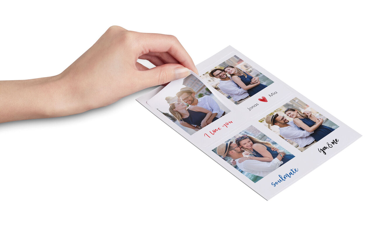 A hand holds a lovingly designed greeting card featuring photos of couples with a heartfelt message.