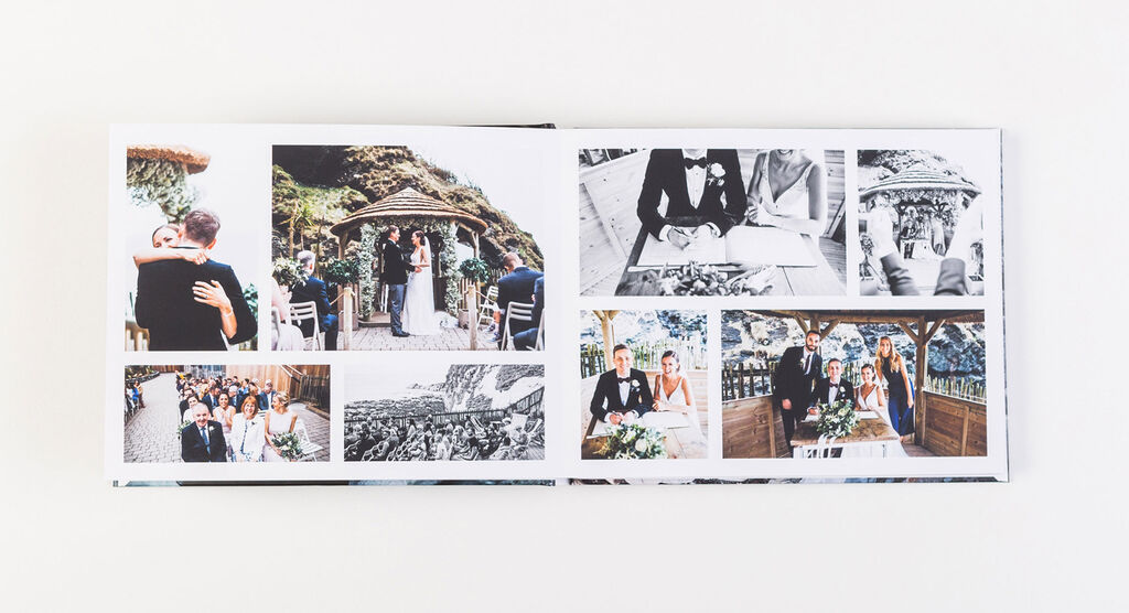 A beautiful CEWE PHOTO BOOK with wedding photos on two pages. Left shows the couple under a gazebo, surrounded by friends and family. The right side features layered black-and-white and color photos of the ceremony.