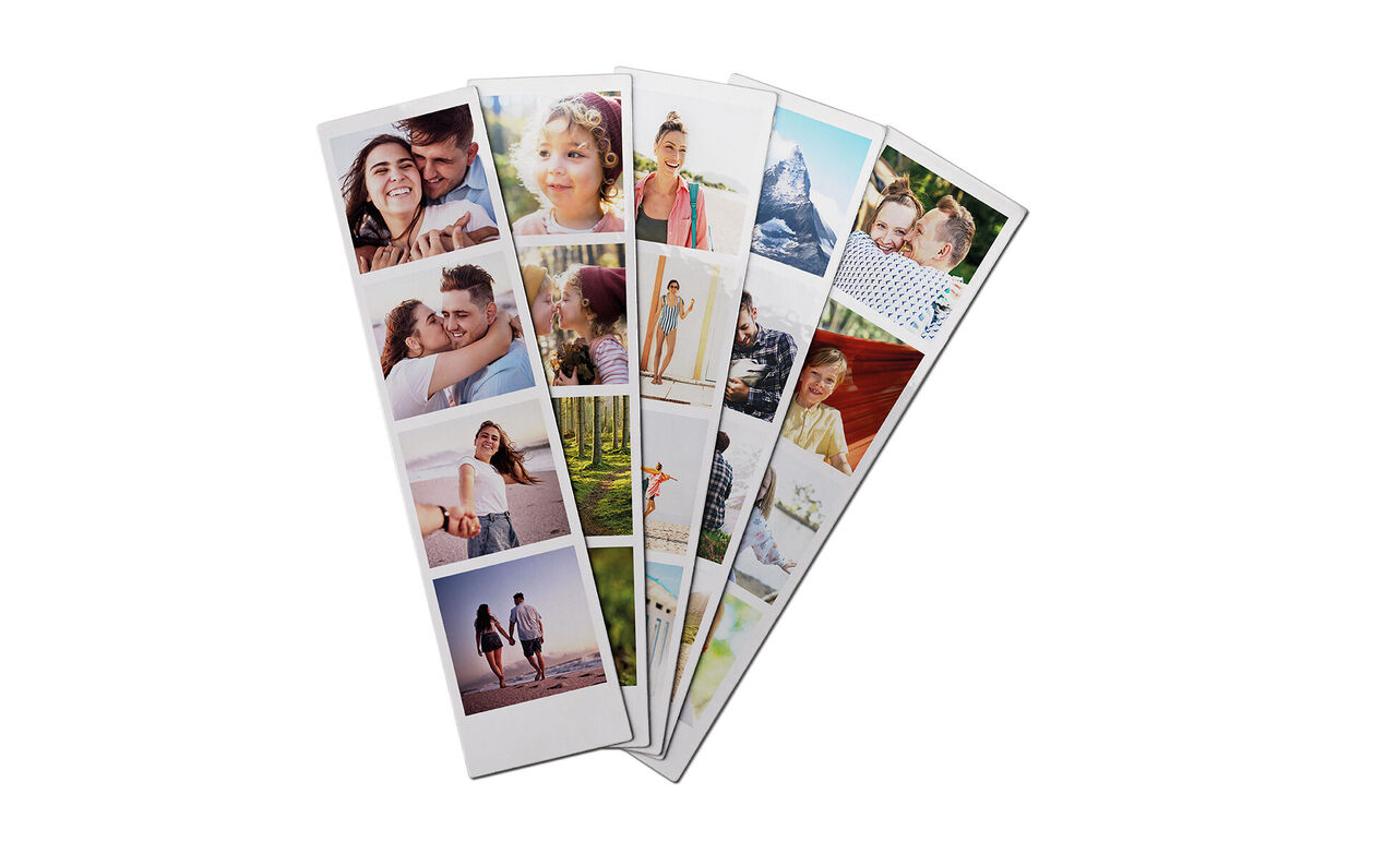 Five vertical photo strips with happy outdoor moments showing joy and connection, including loving memories with friends and family from various occasions.