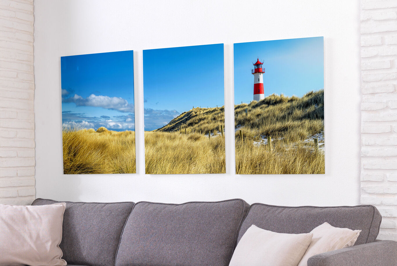 Three pictures of a lighthouse over dunes, bright blue sky