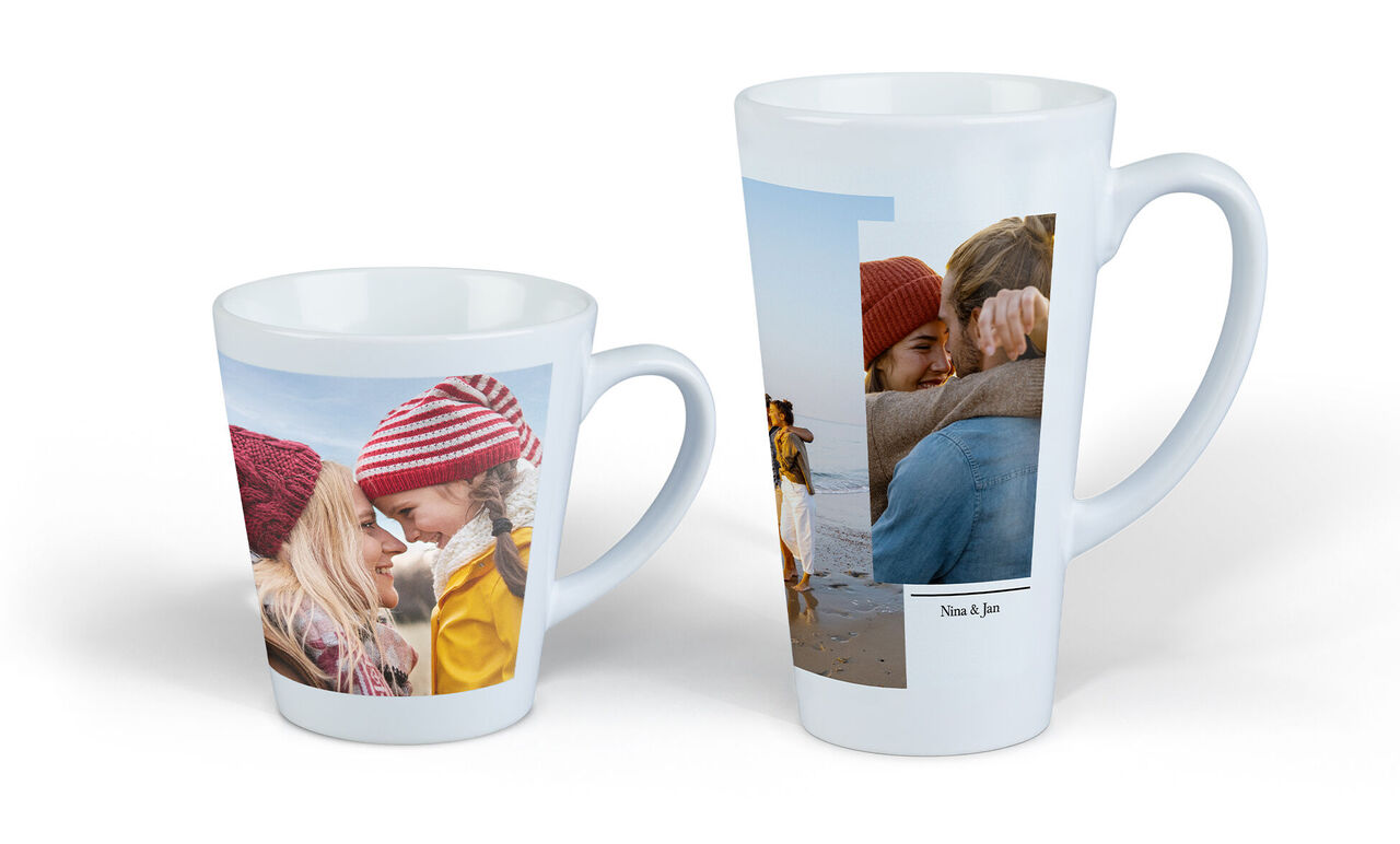 Two mugs with personalized photos, a small and a large mug representing joy and shared memories.